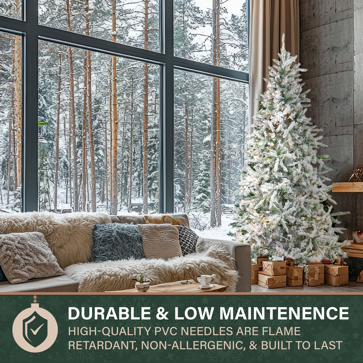 Fraser Hill Farm 10-Ft Flocked Mountain Pine Artificial Christmas Tree with White Incandescent Smart Lights