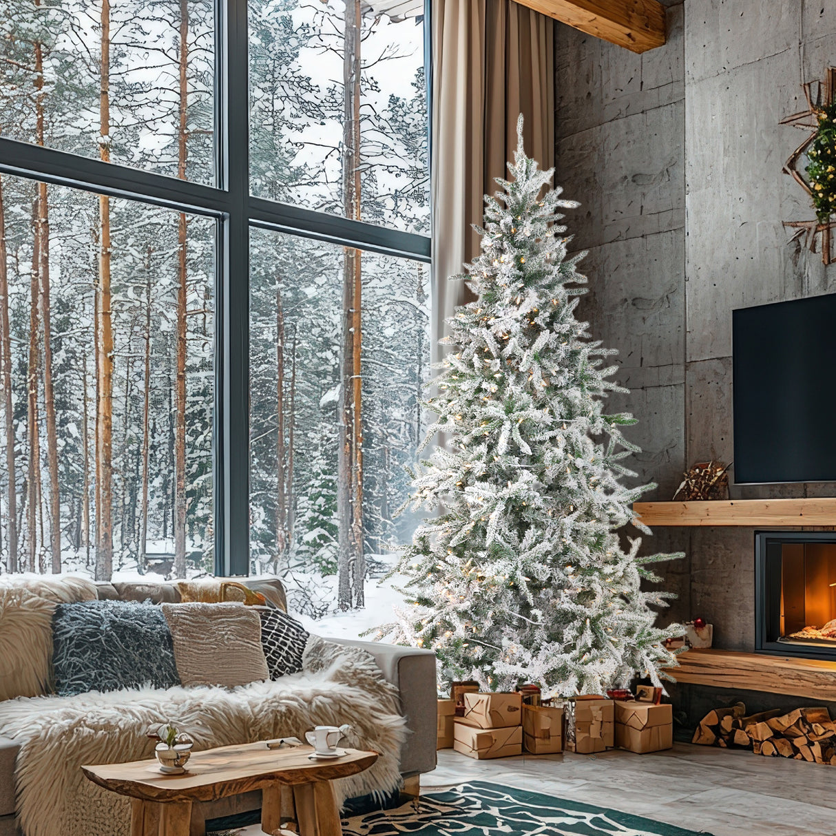 Fraser Hill Farm 10-Ft Flocked Mountain Pine Artificial Christmas Tree with Warm White LED Lighting