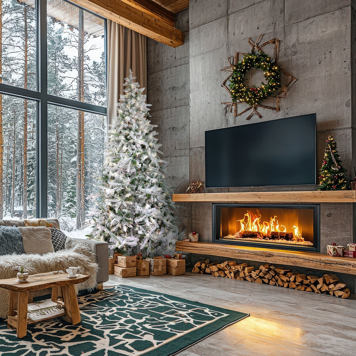 Fraser Hill Farm 7.5-Ft Flocked Mountain Pine Artificial Christmas Tree with White Incandescent Smart Lights