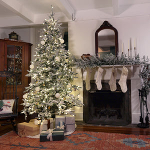 Fraser Hill Farm 7.5-Ft Flocked Mountain Pine Artificial Christmas Tree with White Incandescent Smart Lights