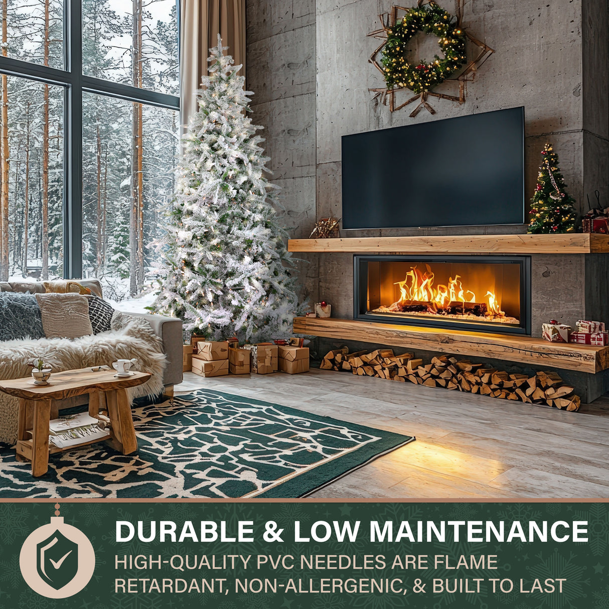 Fraser Hill Farm 7.5-Ft Flocked Mountain Pine Artificial Christmas Tree with White Incandescent Smart Lights