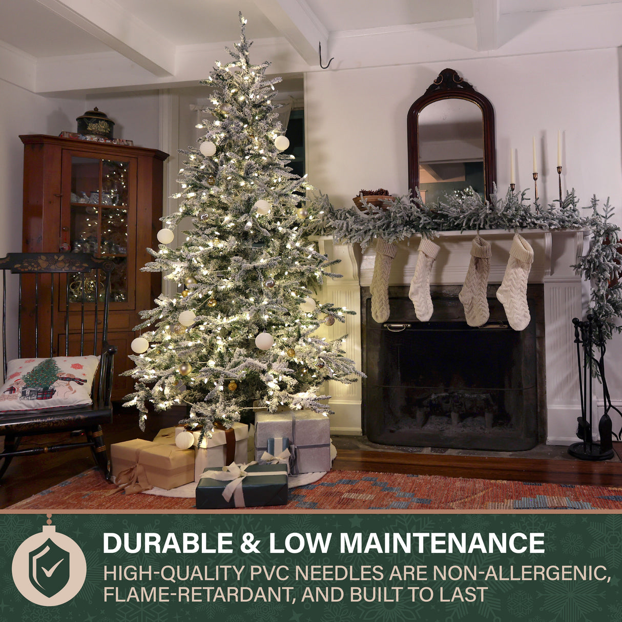 Fraser Hill Farm 9-Ft Flocked Mountain Pine Artificial Christmas Tree with White Incandescent Smart Lights