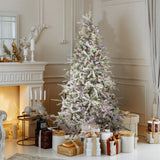 Fraser Hill Farm 9-Ft Flocked Mountain Pine Artificial Christmas Tree with Dual Multicolor & Warm White LED Lights