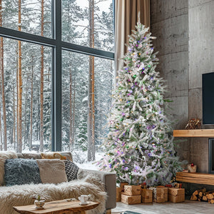 Fraser Hill Farm 9-Ft Flocked Mountain Pine Artificial Christmas Tree with Dual Multicolor & Warm White LED Lights