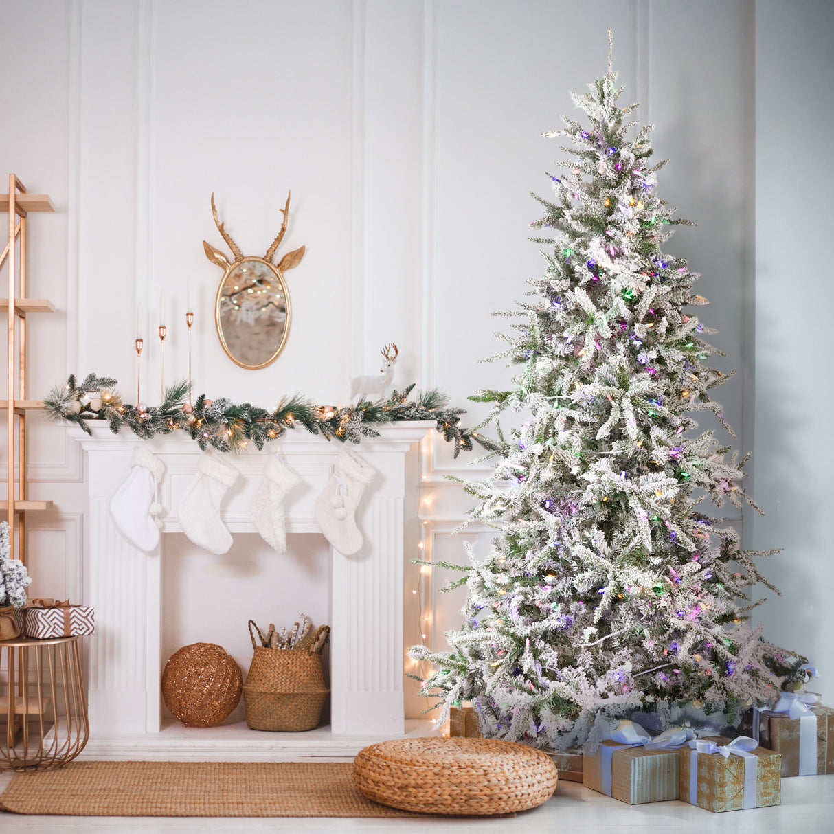 Fraser Hill Farm 9-Ft Flocked Mountain Pine Artificial Christmas Tree with Dual Multicolor & Warm White LED Lights