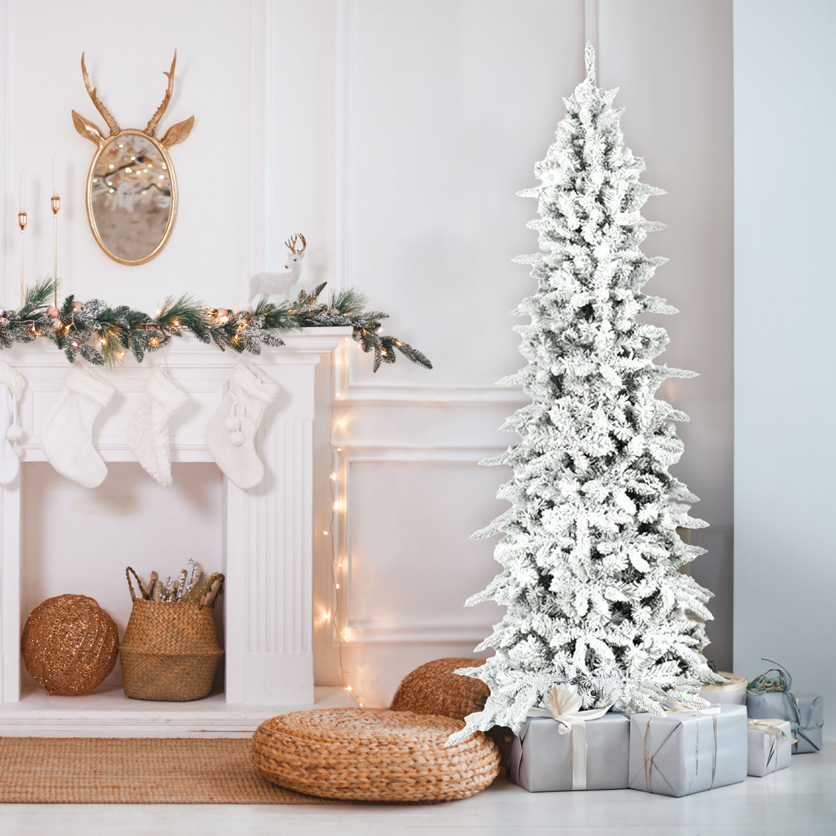 Fraser Hill Farm 6.5-Ft Slim Mountain Pine Flocked Artificial Christmas Tree