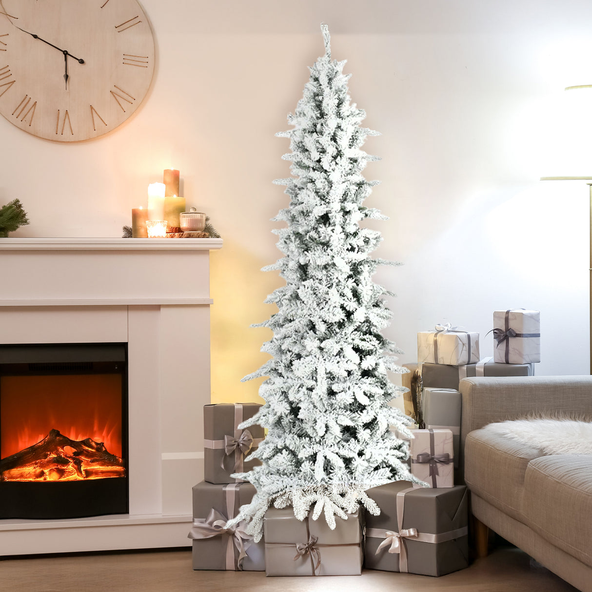 Fraser Hill Farm 6.5-Ft Slim Mountain Pine Flocked Artificial Christmas Tree