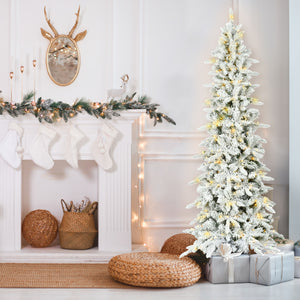 Fraser Hill Farm 6.5-Ft Slim Mountain Pine Flocked Artificial Christmas Tree with Dual Multicolor & Warm White LED Lights