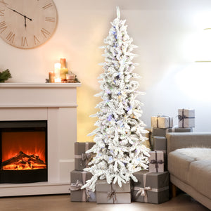 Fraser Hill Farm 6.5-Ft Slim Mountain Pine Flocked Artificial Christmas Tree with Dual Multicolor & Warm White LED Lights