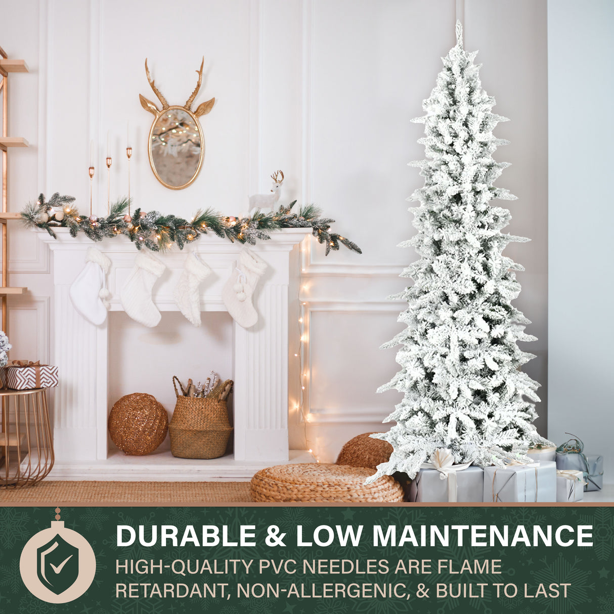 Fraser Hill Farm 7.5-Ft Slim Mountain Pine Flocked Artificial Christmas Tree