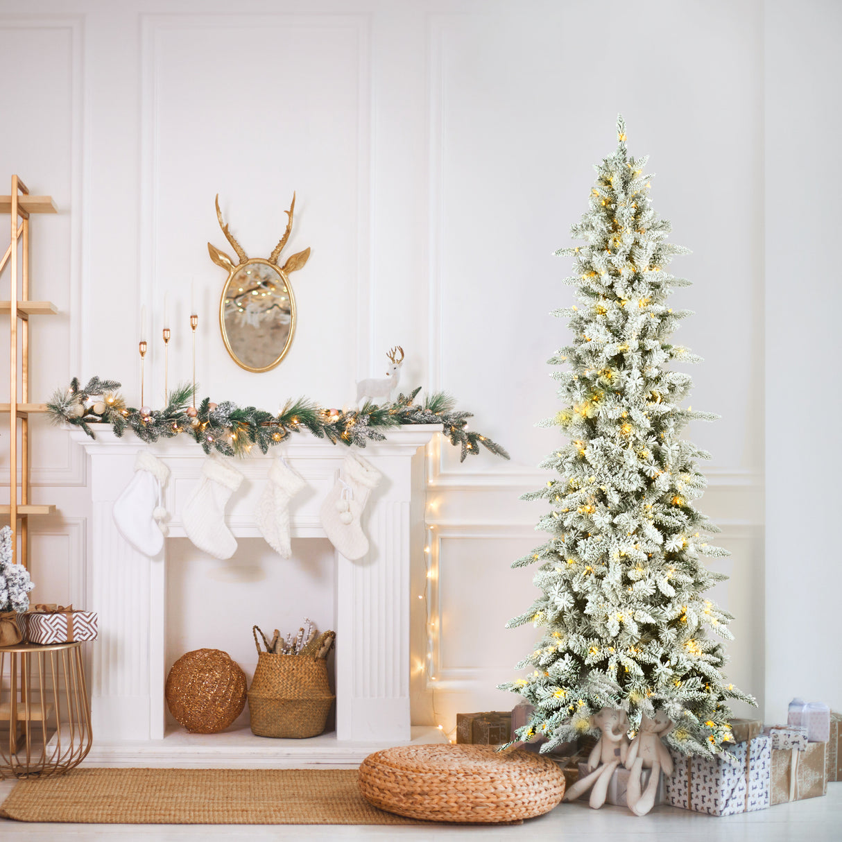 Fraser Hill Farm 7.5-Ft. Slim Mountain Pine Flocked Artificial Christmas Tree with Warm White LED Lights