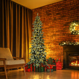 Fraser Hill Farm 7.5-Ft. Slim Mountain Pine Flocked Artificial Christmas Tree with Warm White LED Lights
