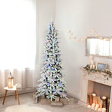 Fraser Hill Farm 7.5-Ft Slim Mountain Pine Flocked Artificial Christmas Tree with Dual Multicolor & Warm White LED Lights