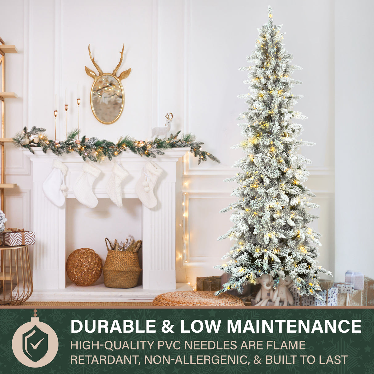 Fraser Hill Farm 7.5-Ft Slim Mountain Pine Flocked Artificial Christmas Tree with Dual Multicolor & Warm White LED Lights