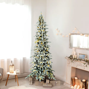 Fraser Hill Farm 9-Ft Slim Mountain Pine Flocked Artificial Christmas Tree with Warm White LED Lights