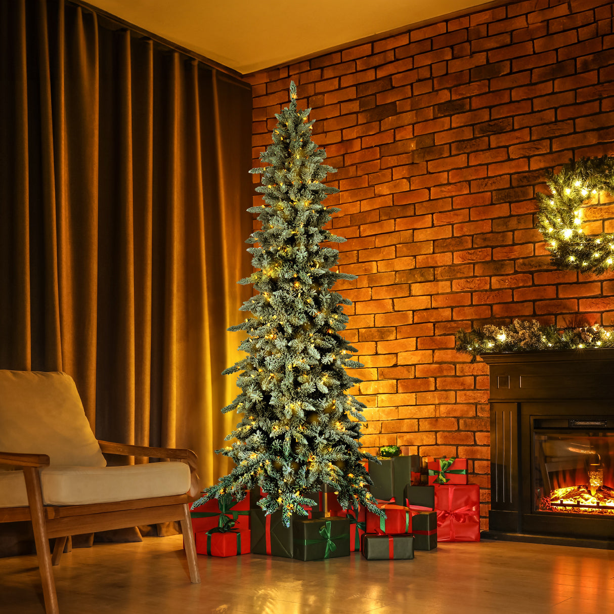 Fraser Hill Farm 9-Ft Slim Mountain Pine Flocked Artificial Christmas Tree with Warm White LED Lights