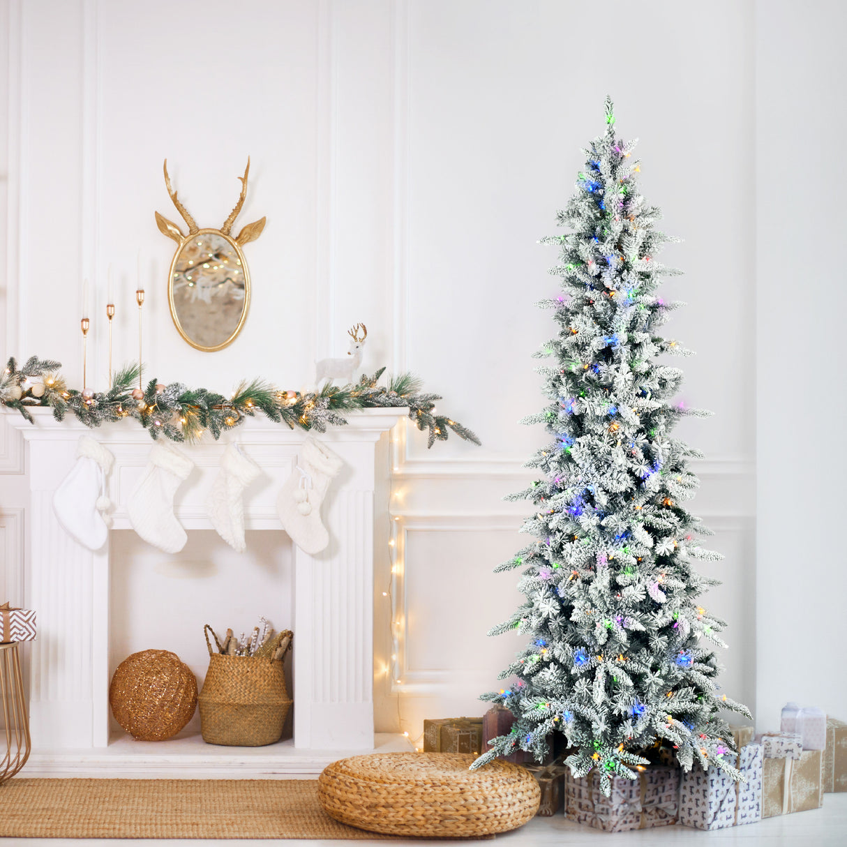 Fraser Hill Farm 9-Ft Slim Mountain Pine Flocked Christmas Tree with Dual Multicolor & White LED Lights