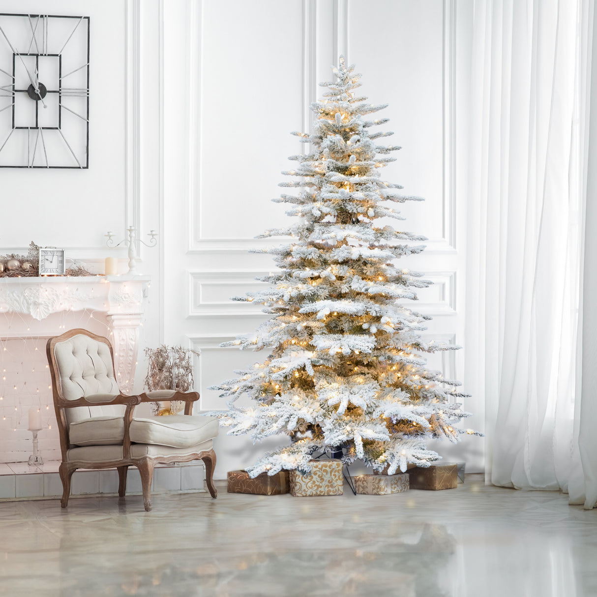 10-Ft. Flocked Pine Valley Christmas Tree with White Incandescent Smart Lights