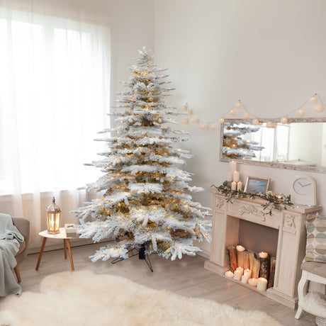 10-Ft. Flocked Pine Valley Christmas Tree with Warm White LED Lights