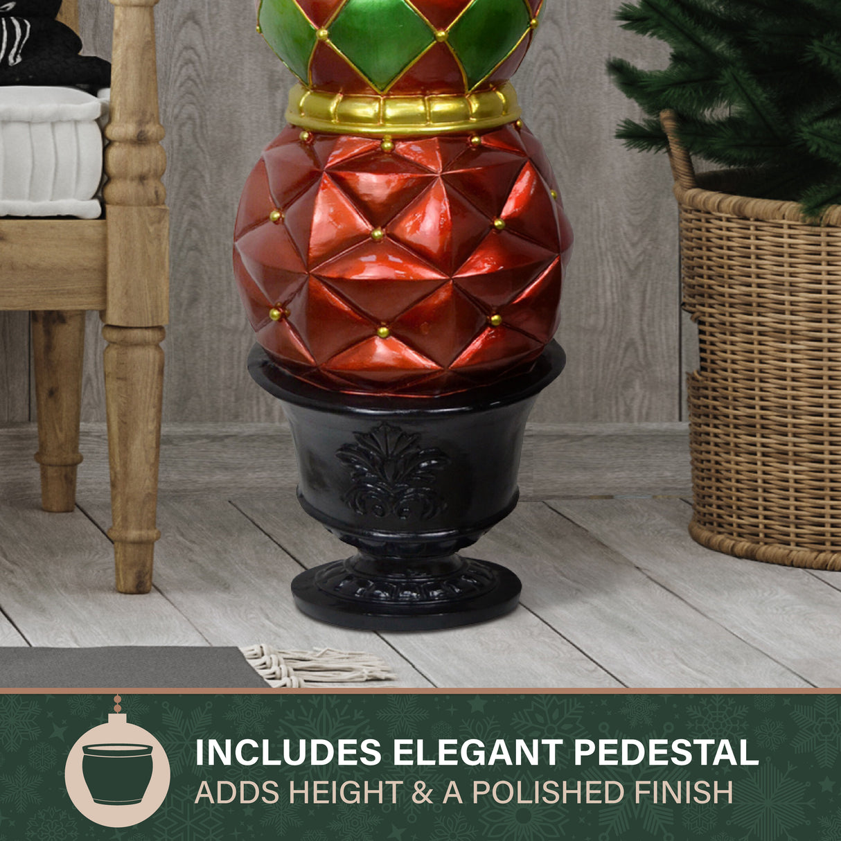 Fraser Hill Farm 50-in. Resin Ball and Finial Topiary in Pedestal Urn Christmas Decoration