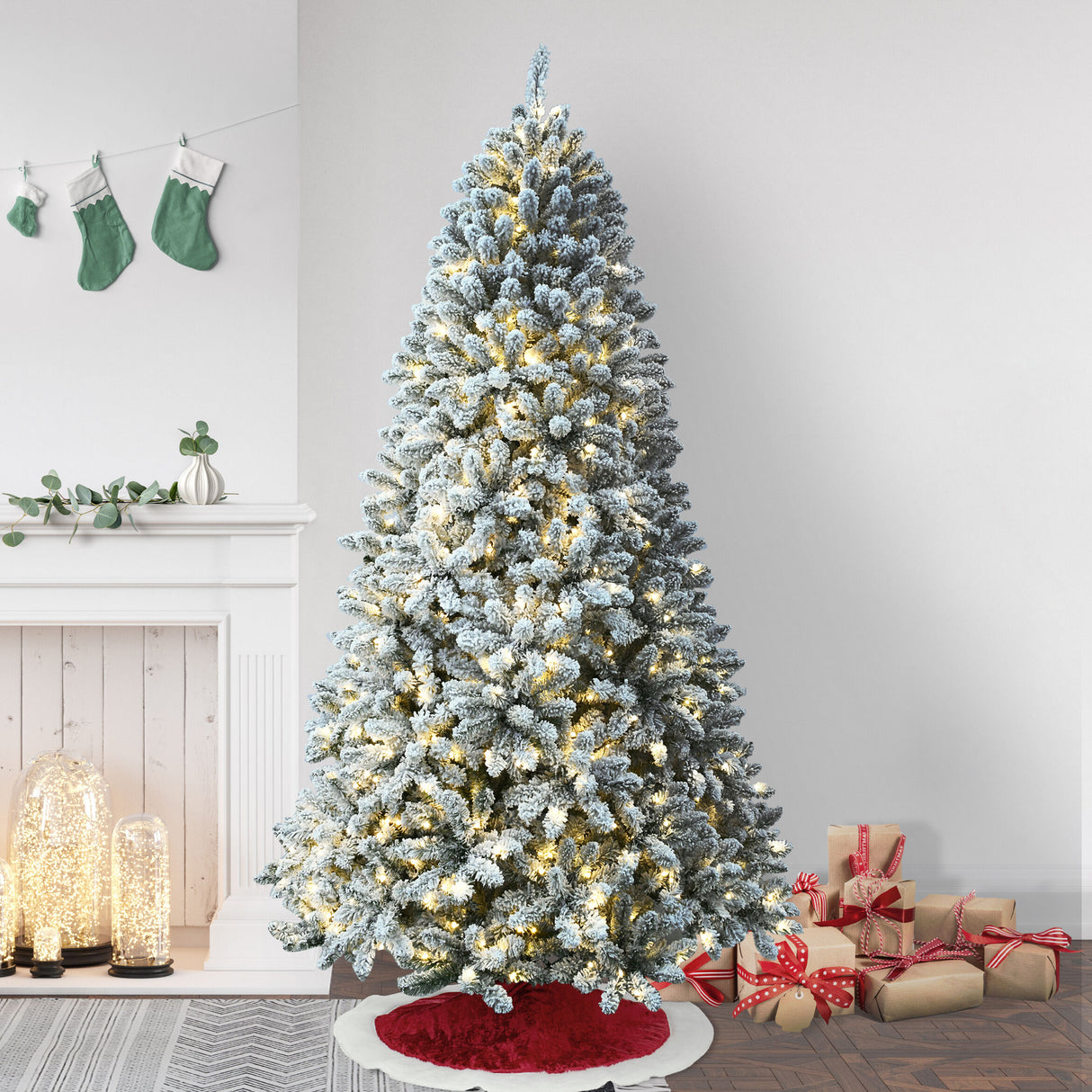 7.5-Ft. Flocked Winter Snow Pine Christmas Tree with Warm White LED Lighting