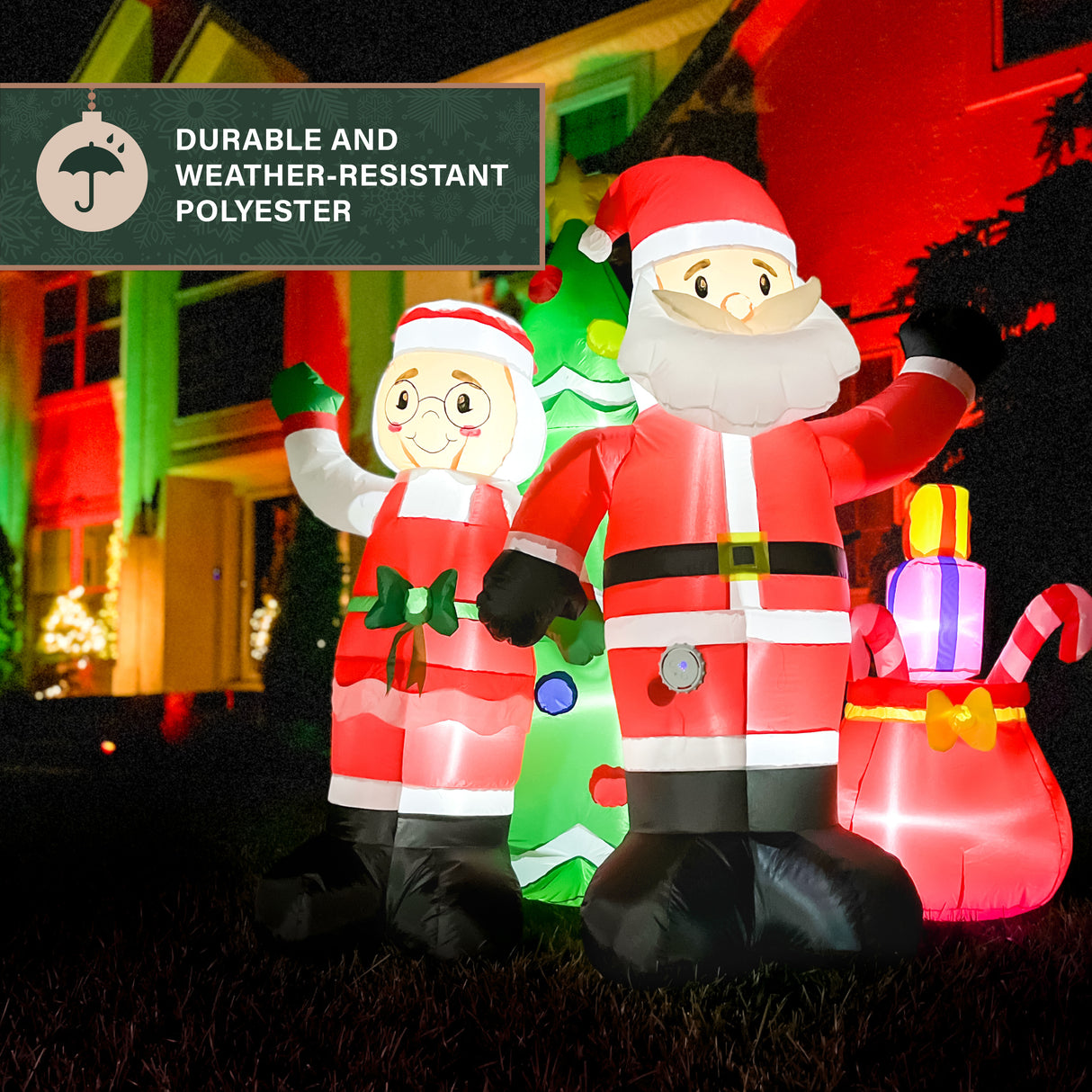 6-Ft. Tall Prelit Mr. and Mrs. Claus with Tree Inflatable with Music