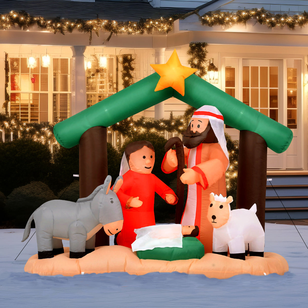 7-Ft. Wide Nativity with Mary, Joseph, Baby Jesus, and Animals, Blow-Up Christmas Inflatable w/ Lights and Storage Bag