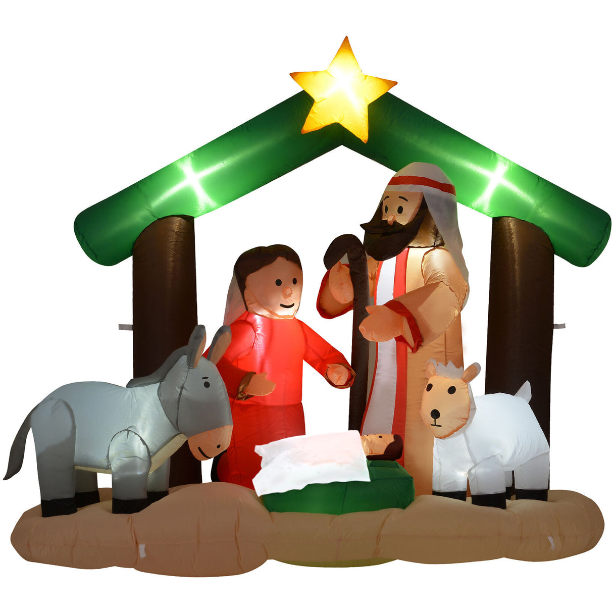 7-Ft. Wide Nativity with Mary, Joseph, Baby Jesus, and Animals, Blow-Up Christmas Inflatable w/ Lights and Storage Bag