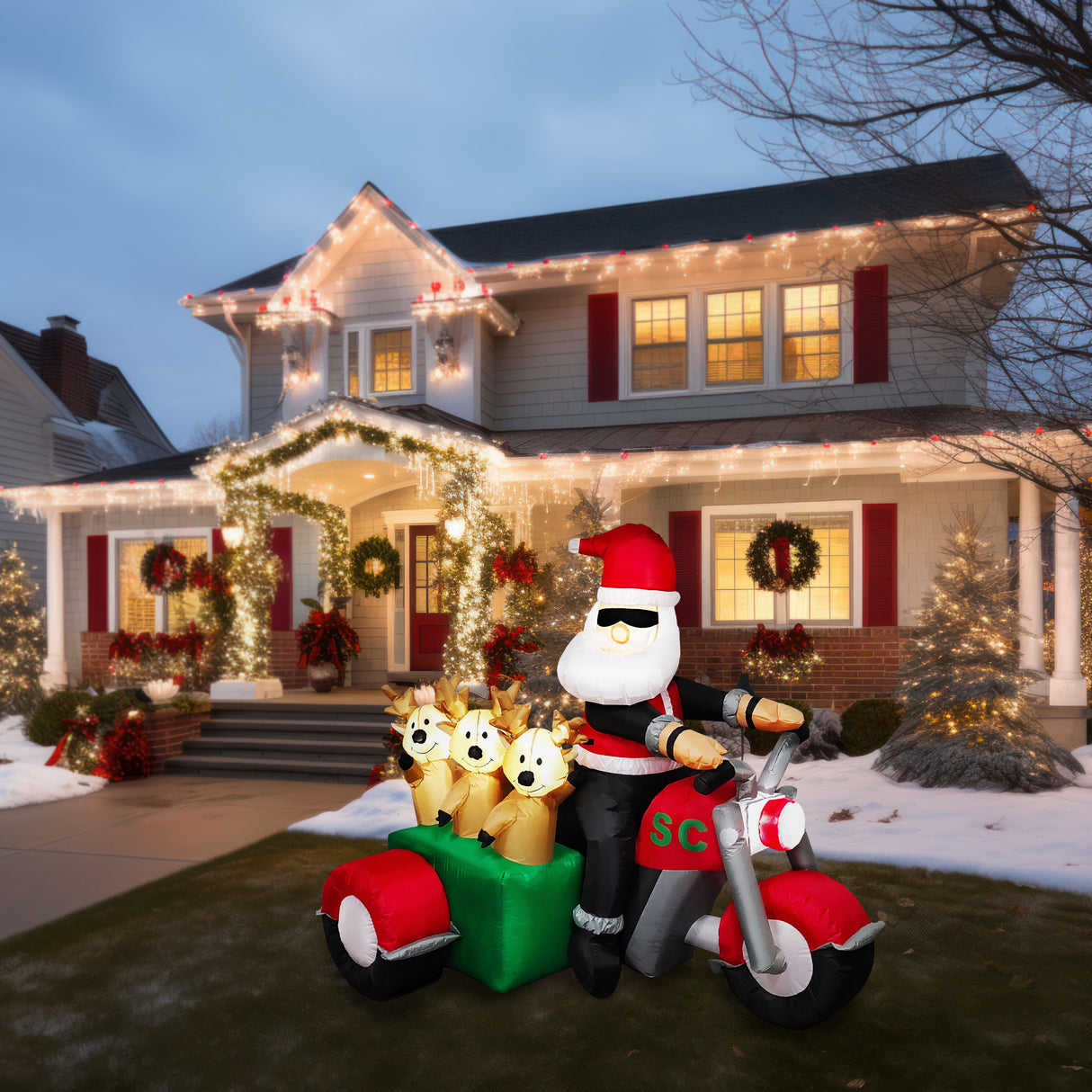 6-Ft. Tall Prelit Santa on Motorcycle with Reindeer Sidecar Inflatable