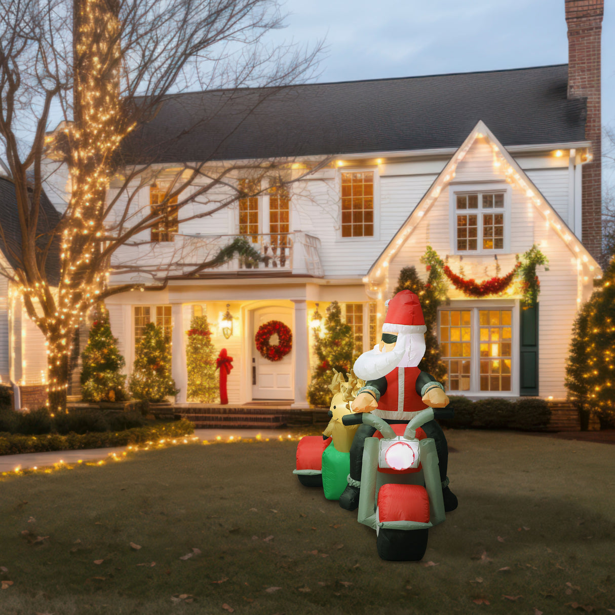 6-Ft. Tall Prelit Santa on Motorcycle with Reindeer Sidecar Inflatable