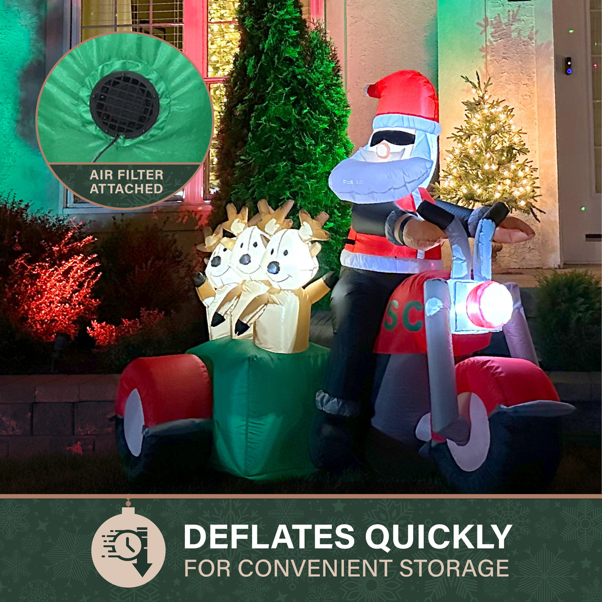 6-Ft. Tall Prelit Santa on Motorcycle with Reindeer Sidecar Inflatable