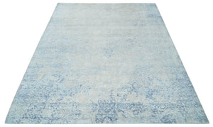 Fine 10x13 Ivory and blue Modern Abstract Hand Knotted Blended Wool and Art silk Area Rug