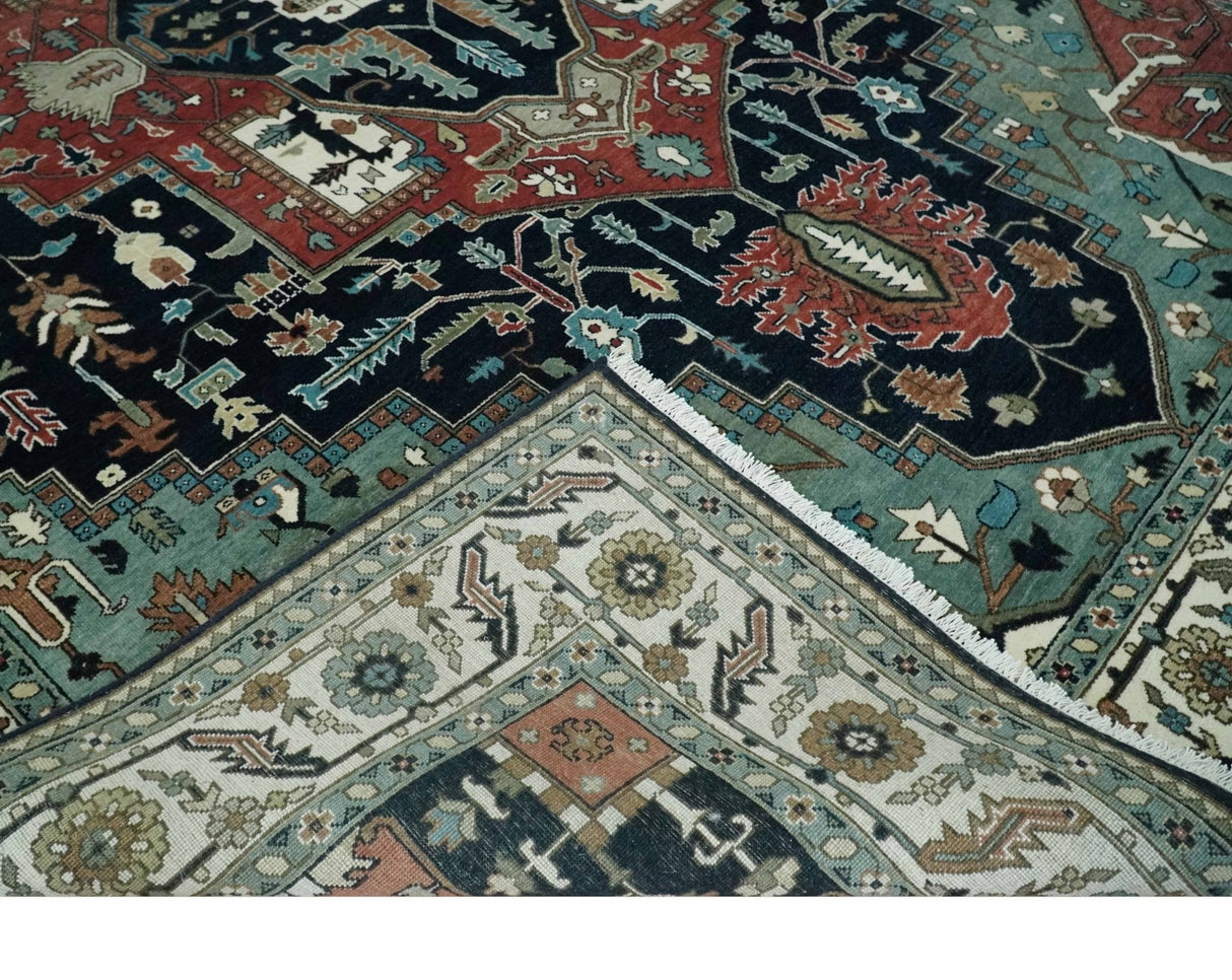 Fine 9x12 Hand Knotted Brown, Black, Blue and Ivory Traditional Wool Area Rug