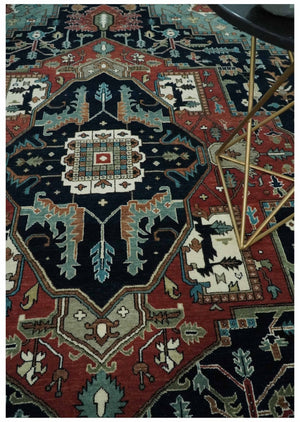 Fine 9x12 Hand Knotted Brown, Black, Blue and Ivory Traditional Wool Area Rug