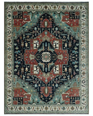 Fine 9x12 Hand Knotted Brown, Black, Blue and Ivory Traditional Wool Area Rug