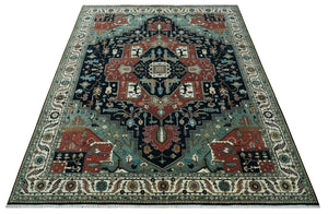 Fine 9x12 Hand Knotted Brown, Black, Blue and Ivory Traditional Wool Area Rug