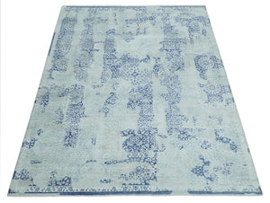 Fine Antique Design Silver, Light Teal and Blue transitional Hand Knotted 8x10 wool and Art Silk area Rug