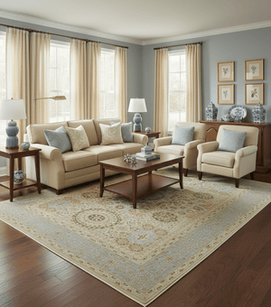 Fine Blue And Beige Traditional Mamluk Design Hand Knotted 8x10 Wool Area Rug