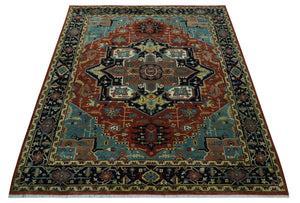 Fine Blue, Brown and Teal Traditional Floral Hand knotted 8x10 wool Area Rug