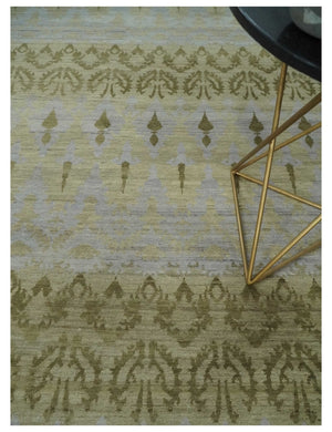 Fine Green 8x10 Hand Knotted Beige, Olive and Silver Traditional Wool Rug
