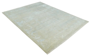 Fine Hand Knotted 8x10 Beige and Ivory Transitional Wool and Bamboo Silk Area Rug