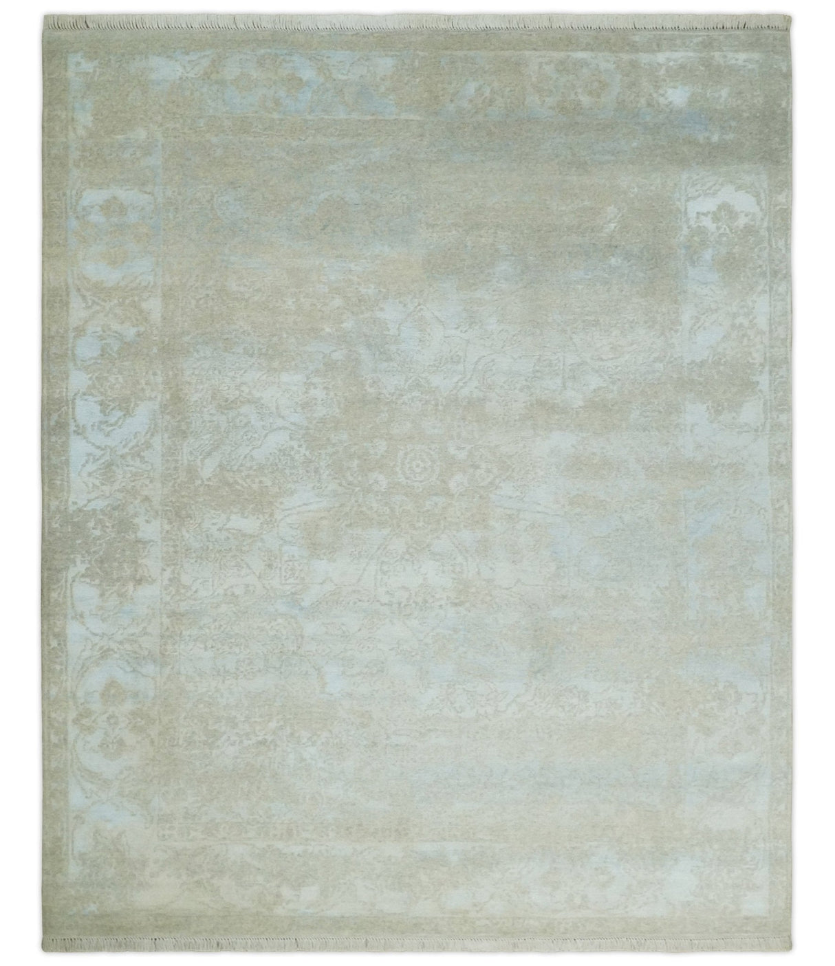 Fine Hand Knotted 8x10 Beige and Ivory Transitional Wool and Bamboo Silk Area Rug