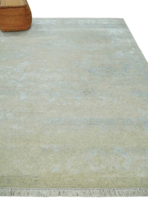 Fine Hand Knotted 8x10 Beige and Ivory Transitional Wool and Bamboo Silk Area Rug
