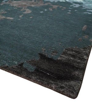 Fine Hand knotted And Carved Brown and Aqua Abstract Bamboo Silk 8x10 Area Rug