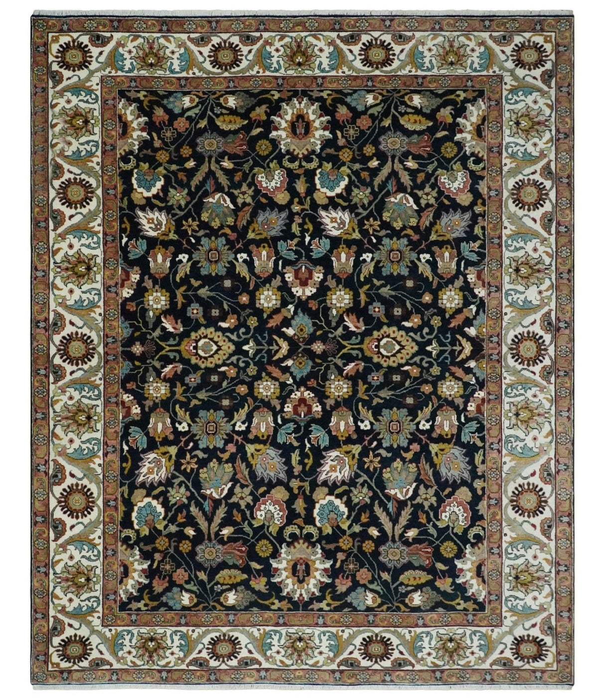 Fine Hand Knotted Black and Ivory 8x10 Traditional Wool Area Rug