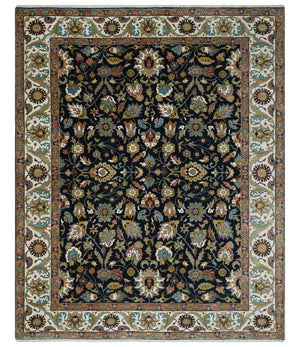 Fine Hand Knotted Black and Ivory 8x10 Traditional Wool Area Rug