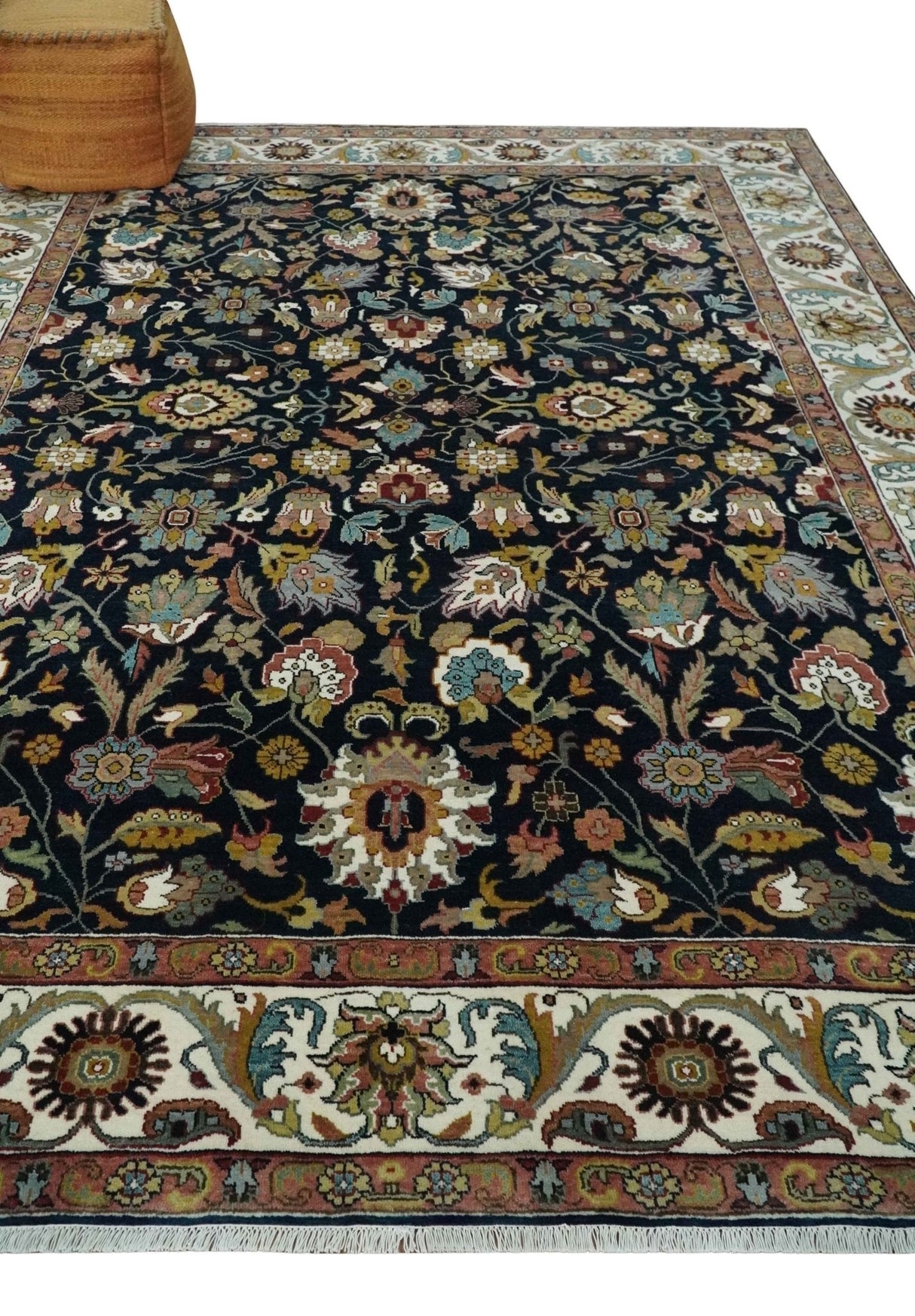 Fine Hand Knotted Black and Ivory 8x10 Traditional Wool Area Rug