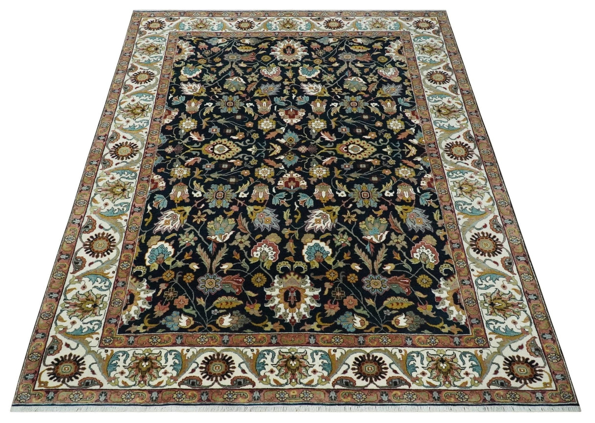 Fine Hand Knotted Black and Ivory 8x10 Traditional Wool Area Rug