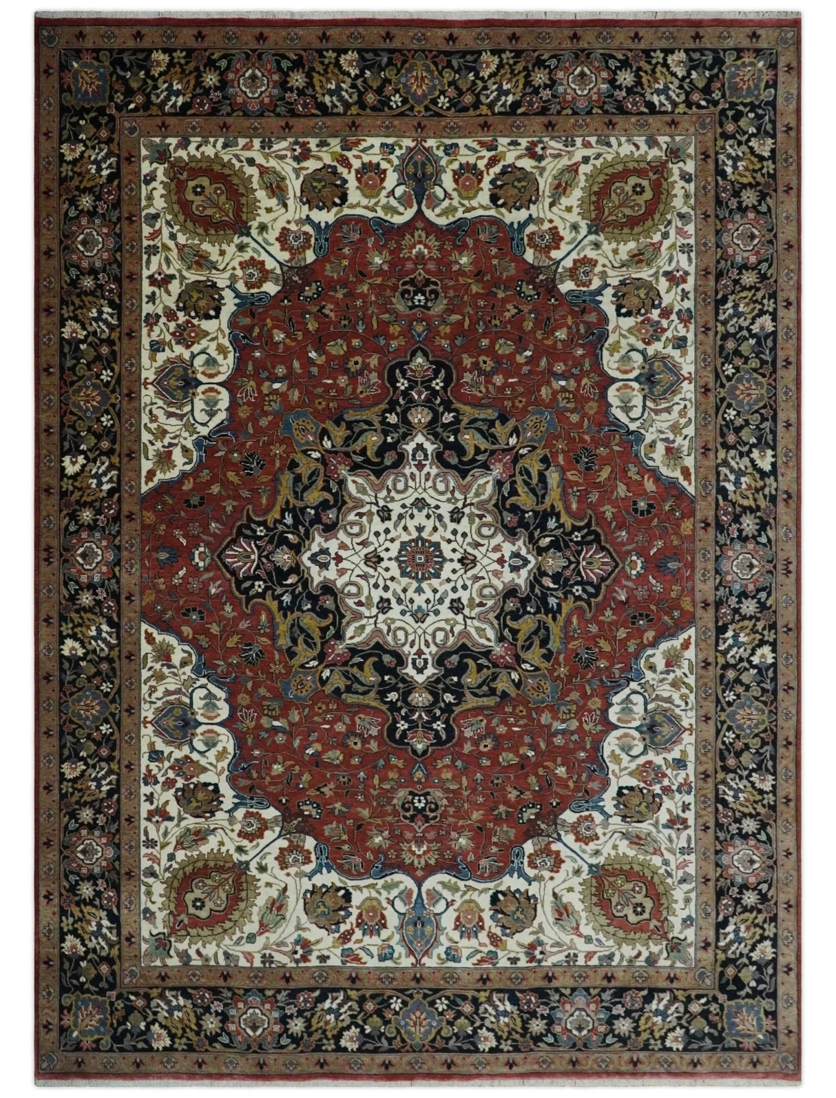 Fine Hand Knotted Brown, Ivory and Black 8x10 and 10x14 Traditional Wool Rug