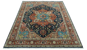 Fine Hand Knotted Rust and Blue Traditional Heriz Medallion 8x10 wool area rug